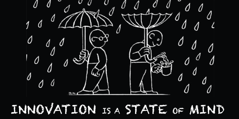 Drawing of two men holding an umbrella under the rain with the text Innovation is a state of mind
