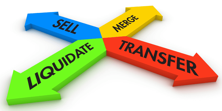 Four intersecting arrows of different colors with the following words: Sell (Blue) Merge (Yellow) Transfer (Red) and Liquidate (Green)