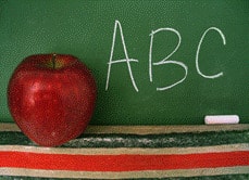 Apple and a white ABC writing on a chalkboard