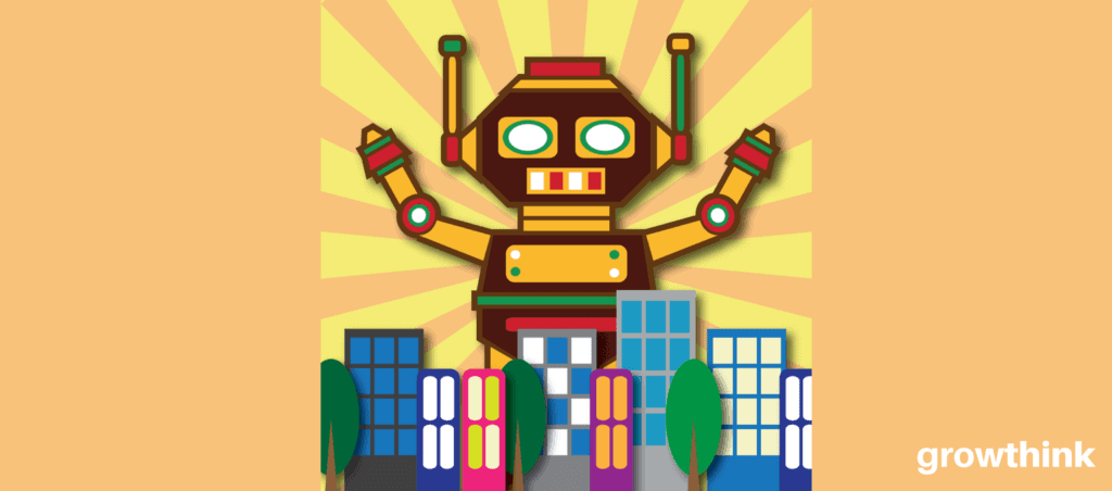 A robot with five building and trees