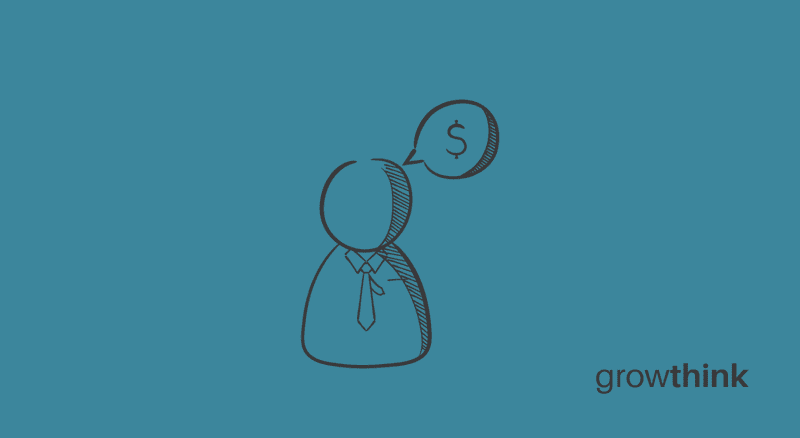 drawing of a man and a speech bubble with a dollar sign in it