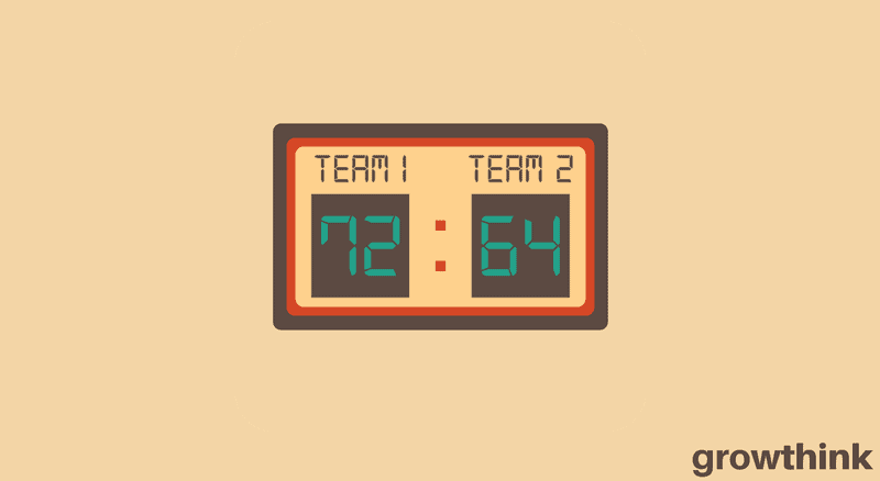 Score board team one with seventy two points and team two with sixty four