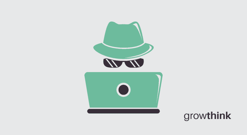 Green icon of man looking at a laptop with sunglasses and a detective hat