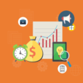clock money bag chart tablet icons in orange background