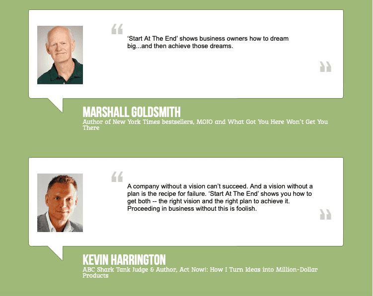 quotes by Marshall Goldsmith and Kevin Harrington in communication bubbles