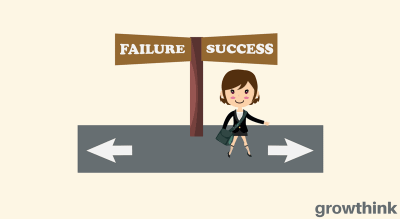 road that leads to failure or success with a woman walking towards the way to success
