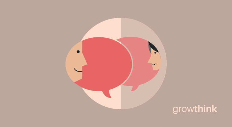 two communication bubbles with faces of the person talking