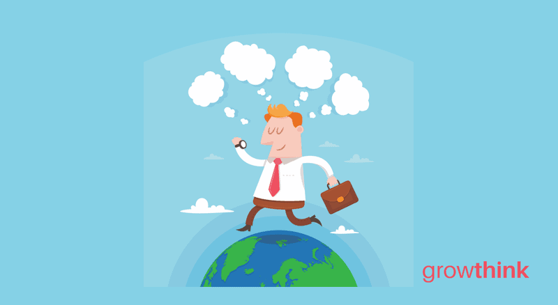 businessman running on top of the world with though bubbles over his head