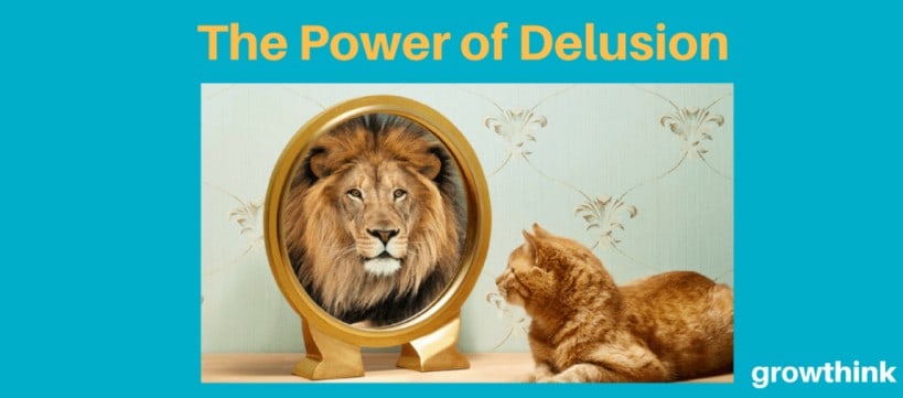 Cat with a lion reflection in the mirror and a text saying The Power of Delusion