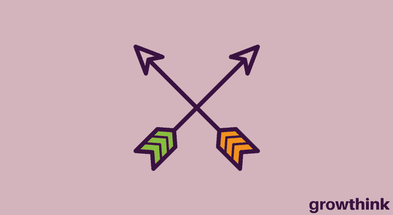 two intersecting arrows pointing upwards to different directions