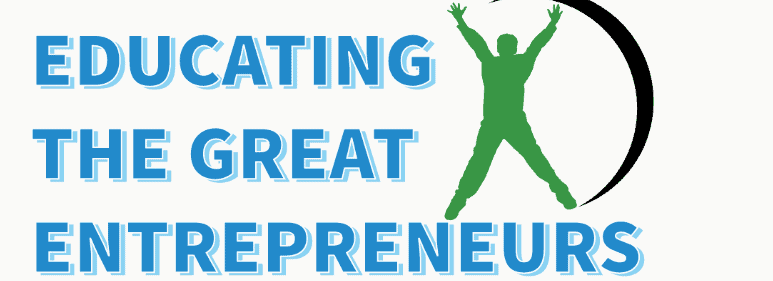 Educating the great entrepreneurs text with a green man icon jumping with hands raised up