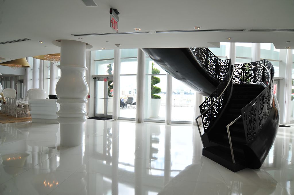 hotel with black spiral staircase