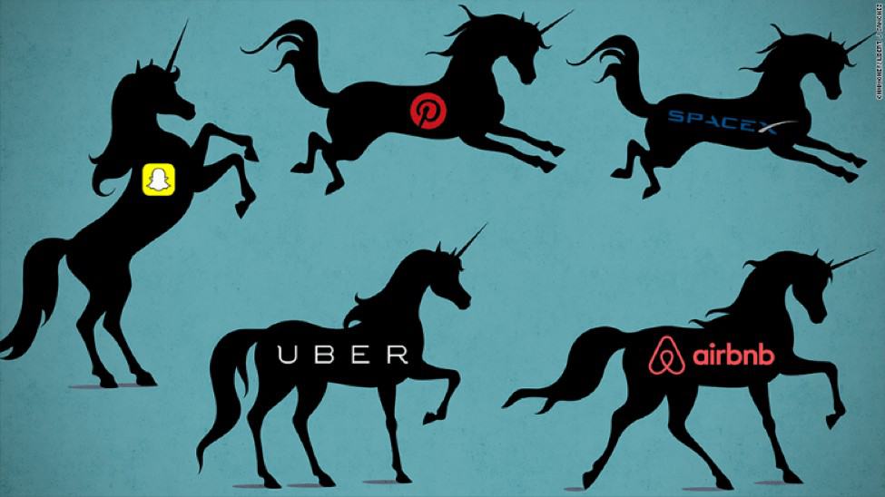 Five black unicorns with logos of Snapchat Pinterest SPACEX UBER and airbnb on them